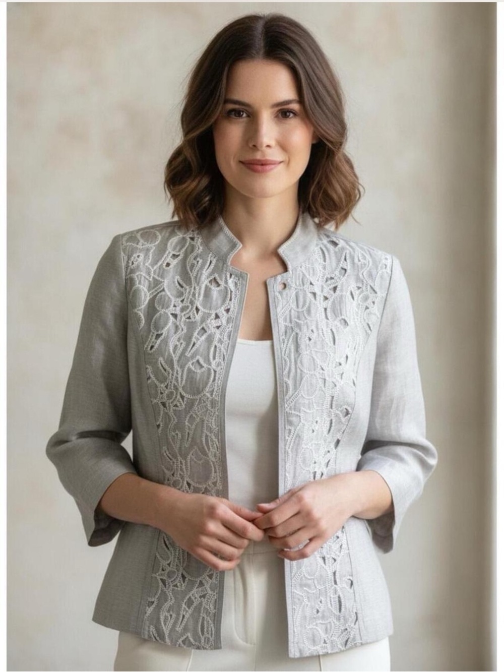 Chico's Silver-Gray Lace Front Open Jacket